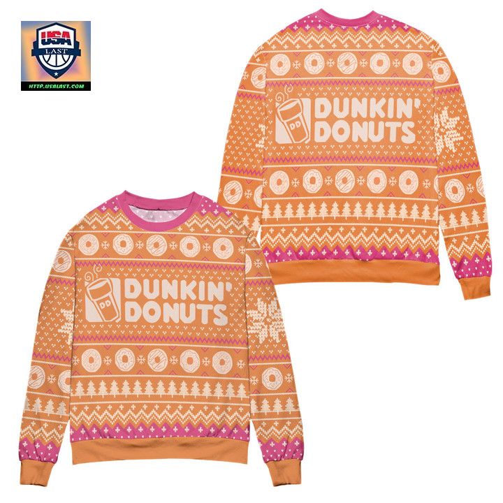 Dunkin Donuts Snow Flake Pine Tree Ugly Christmas Sweater Orange