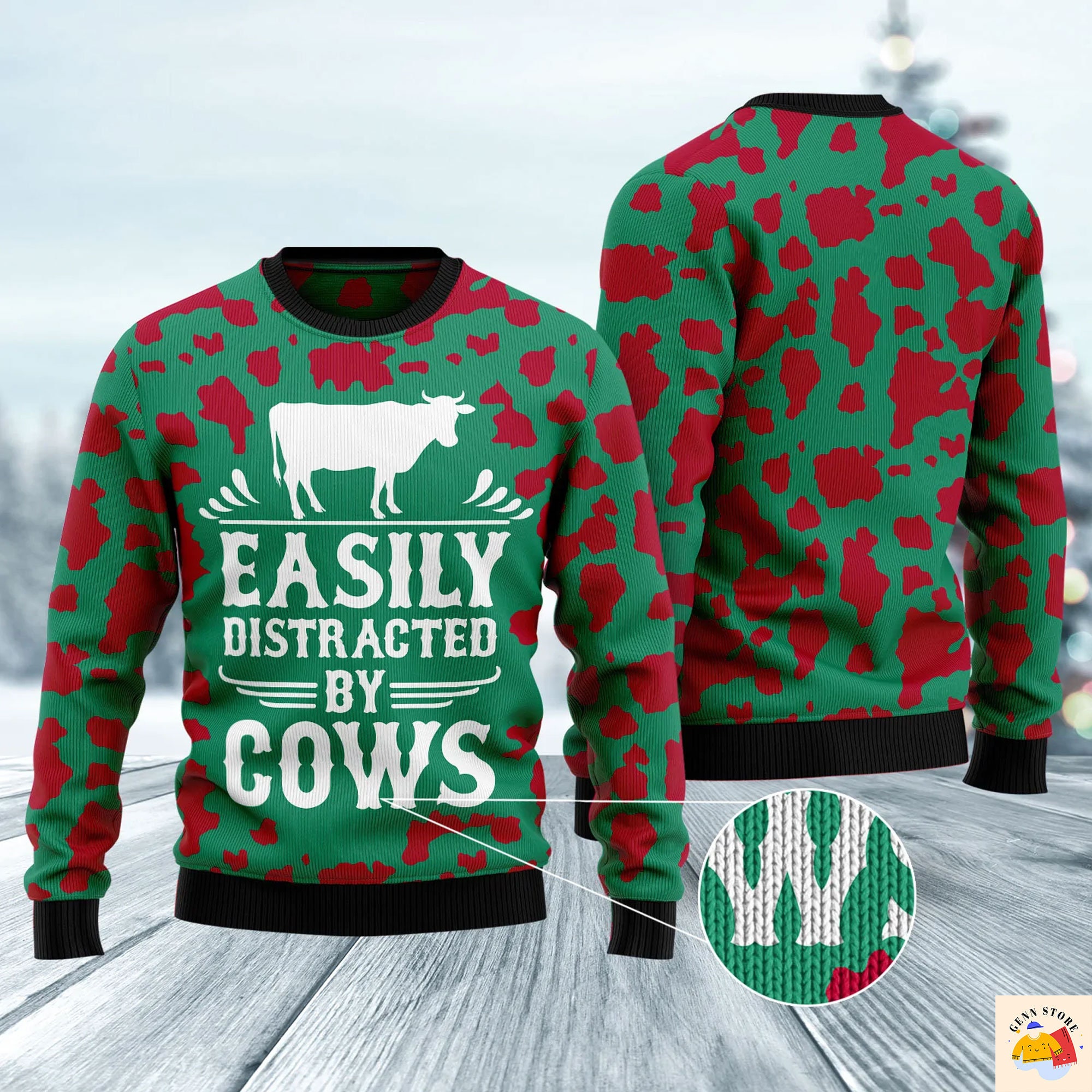 Easily Distracted By Cows Ugly Christmas Sweater