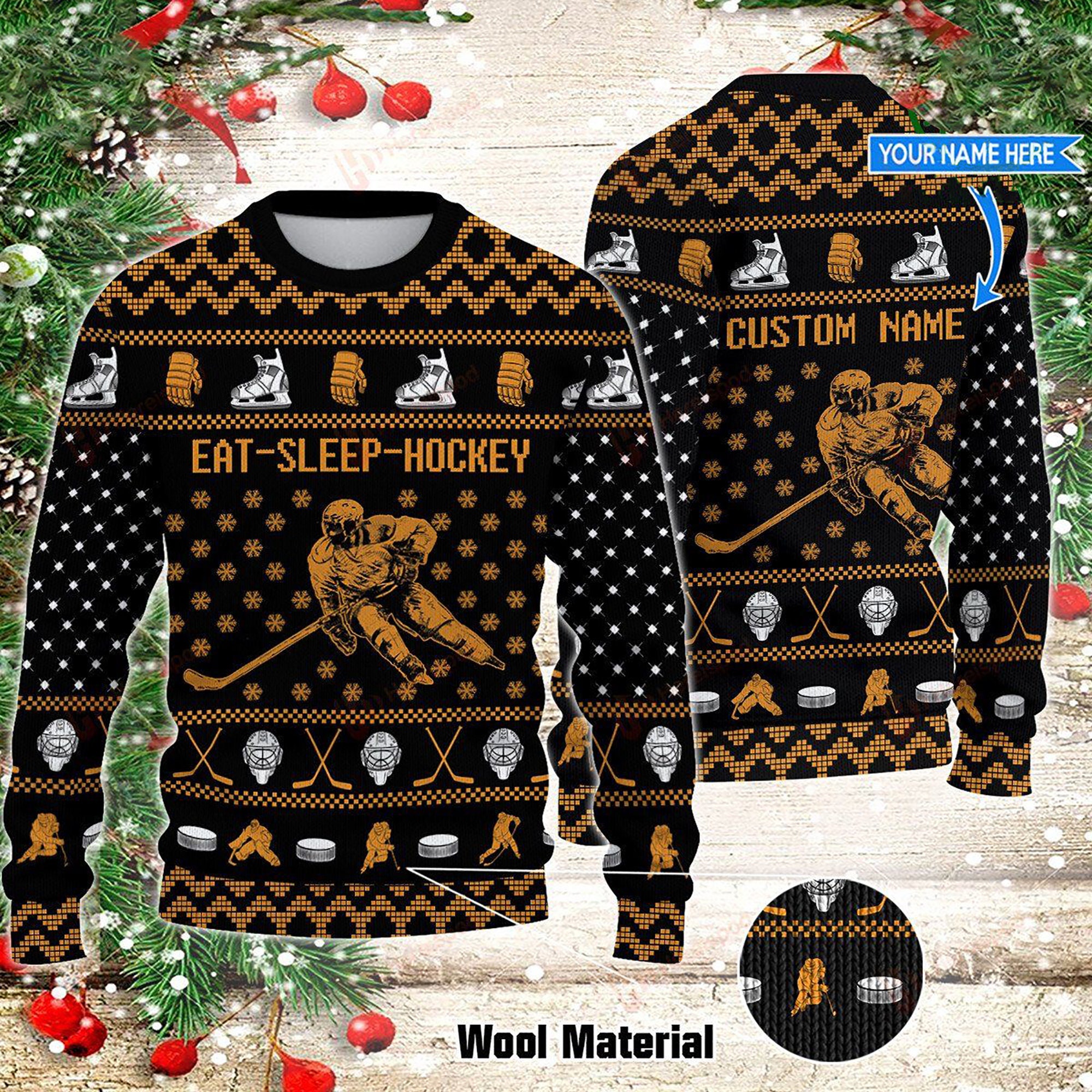 Eat Sleep Hockey Ugly Christmas Sweater