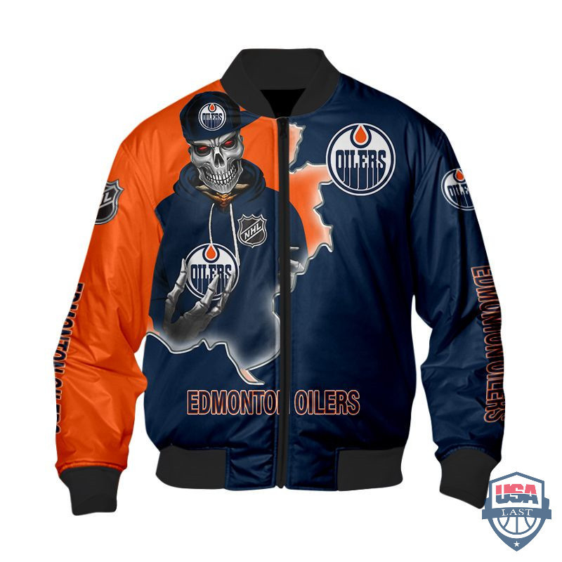 Edmonton Oilers Navy Blue Orange Skull Scratch Bomber Jacket | NHL Team Jacket for Men & Women | Hockey Fan Gift