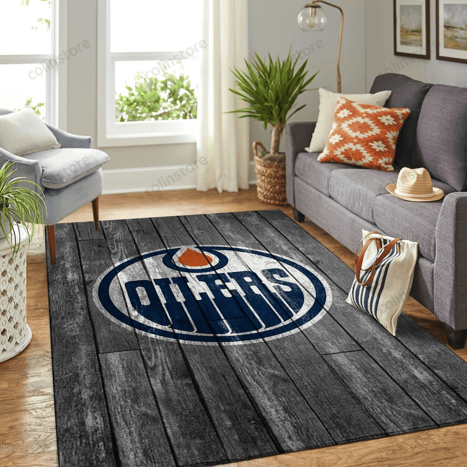 Edmonton Oilers Team Logo Grey Wooden Rectangle Area Rug – Full Print Carpet For Living Room & Bedroom Home Decor