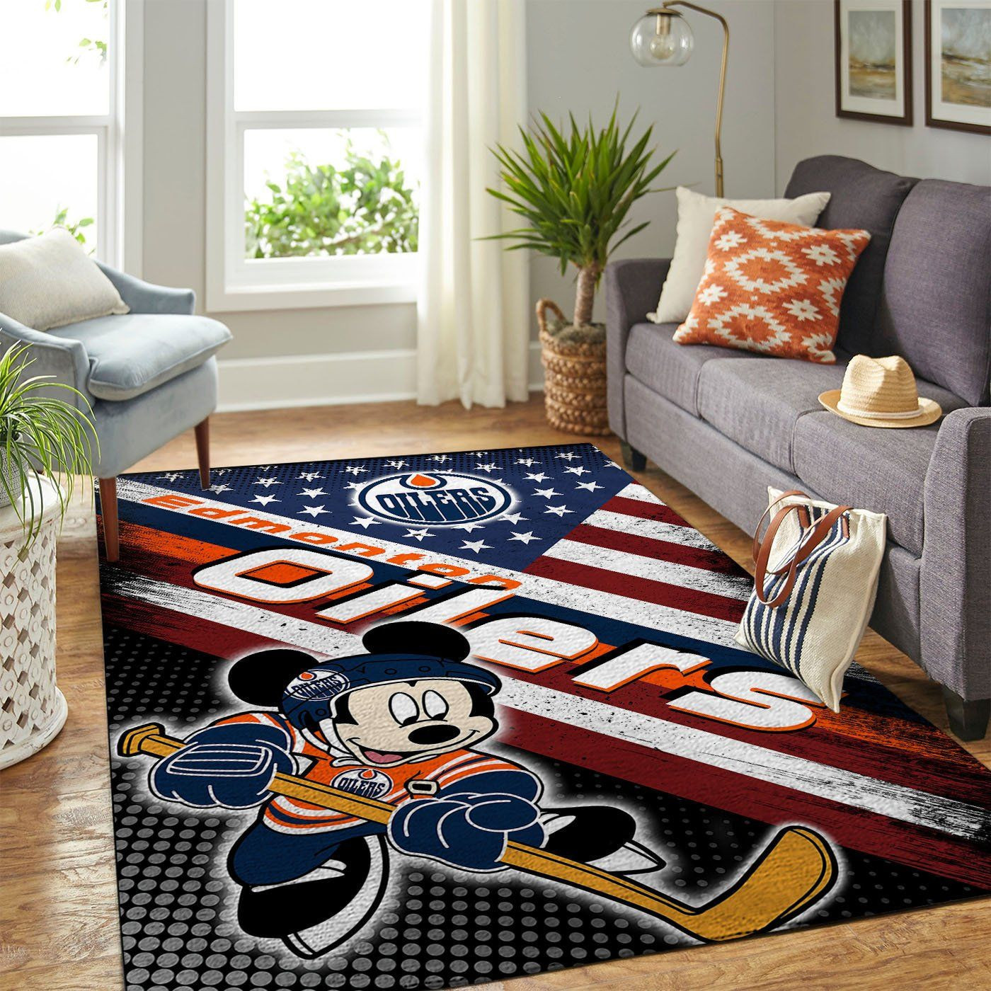 Edmonton Oilers Team Logo Mickey Us Rectangle Area Rug – Full Print Carpet For Living Room & Bedroom Home Decor