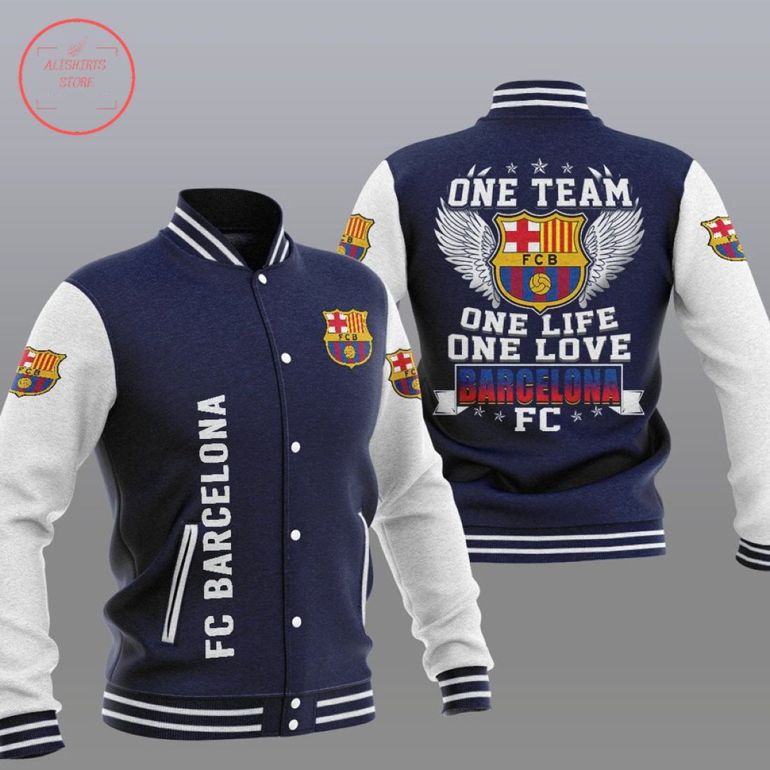FC Barcelona Dark Blue One Team Varsity Baseball Jacket for Men & Women | Soccer Team Fan Gift