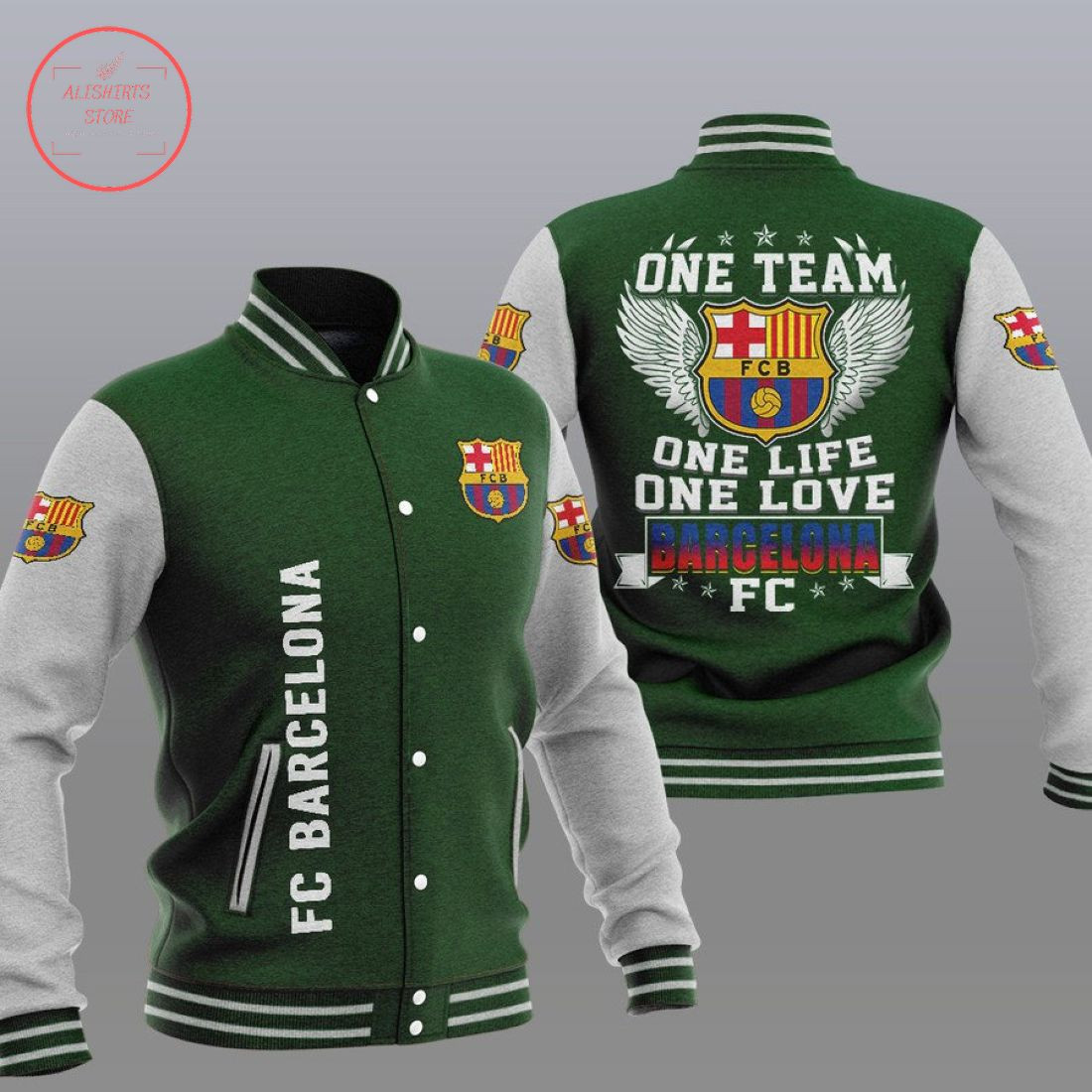 FC Barcelona Green One Team Varsity Baseball Jacket for Men & Women | Soccer Team Fan Gift