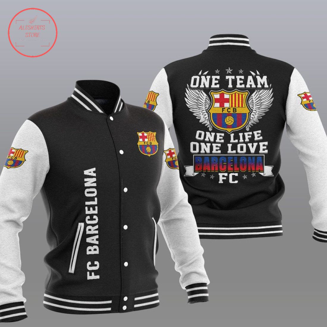 FC Barcelona One Team Varsity Baseball Jacket for Men & Women | Soccer Team Fan Gift