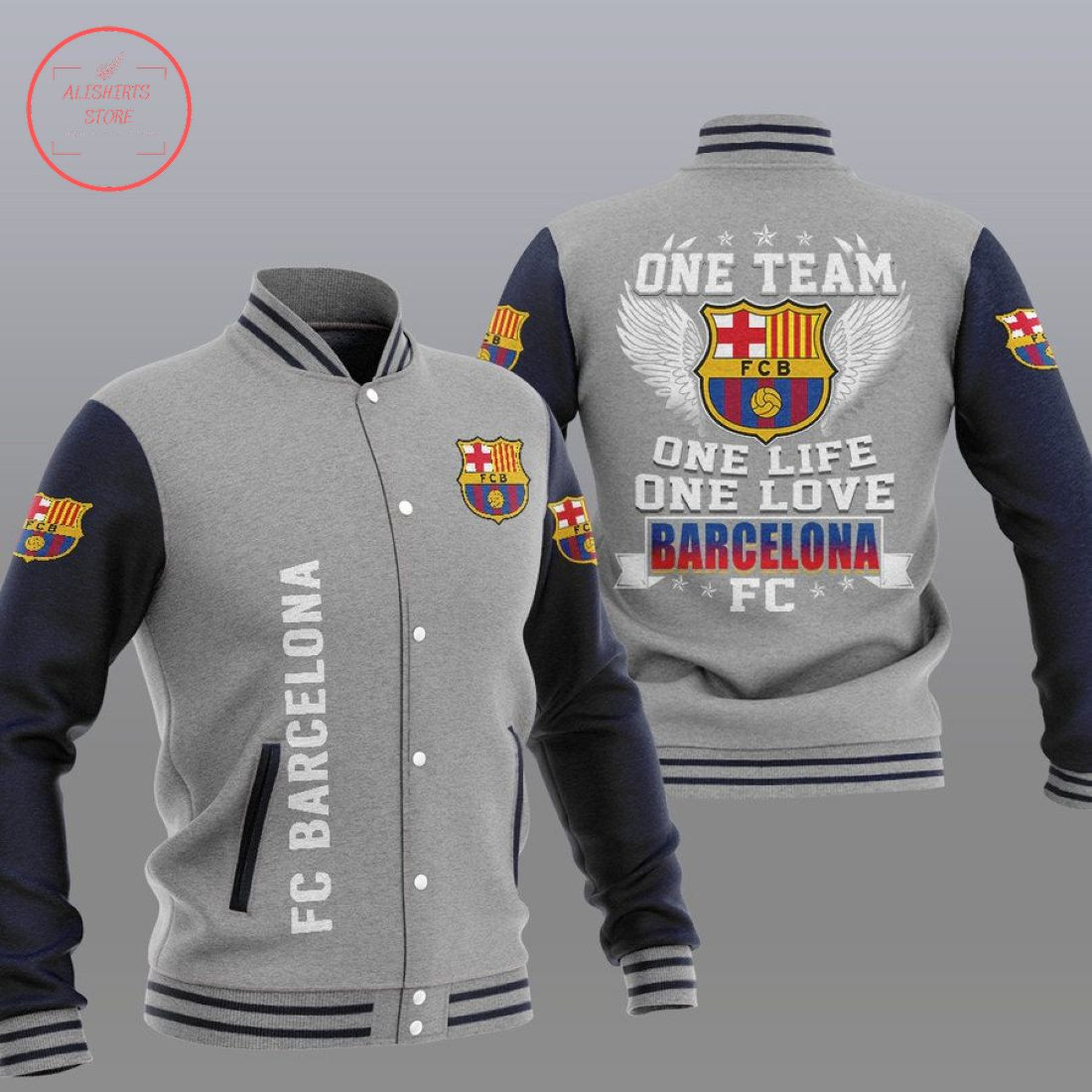 FC Barcelona One Team Varsity Baseball Jacket for Men & Women | Soccer Team Fan Gift