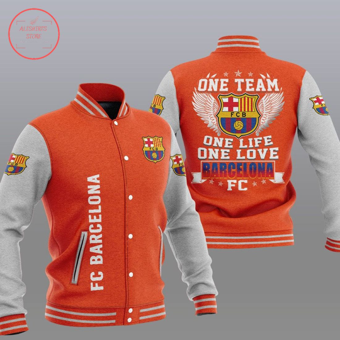 FC Barcelona One Team Varsity Baseball Jacket for Men & Women | Soccer Team Fan Gift