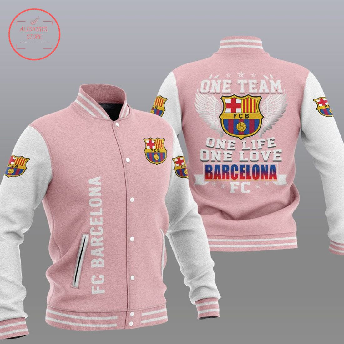 FC Barcelona Pink One Team Varsity Baseball Jacket for Men & Women | Soccer Team Fan Gift