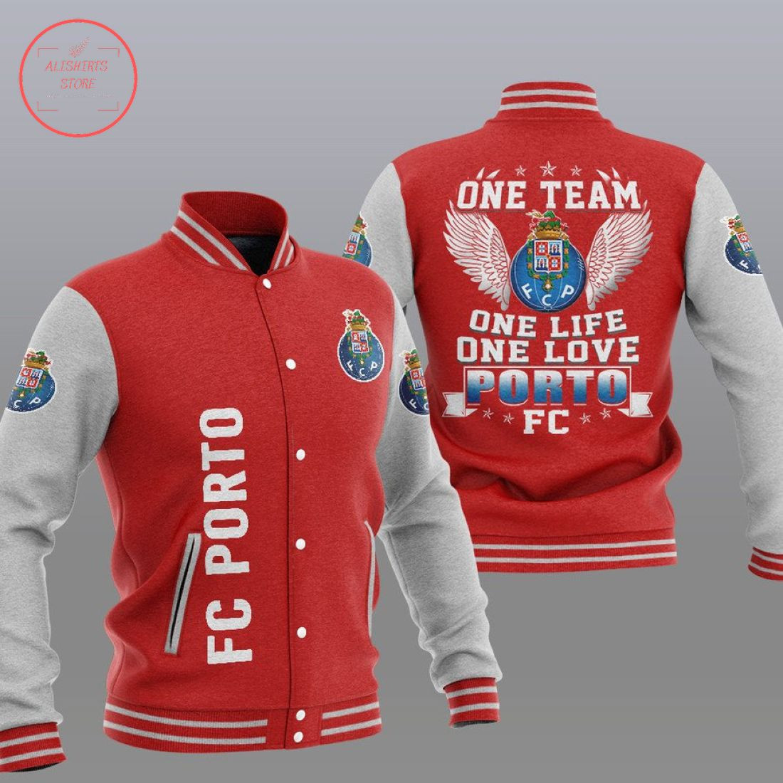 FC Porto Red Grey One Team Varsity Baseball Jacket for Men & Women | Soccer Team Fan Gift
