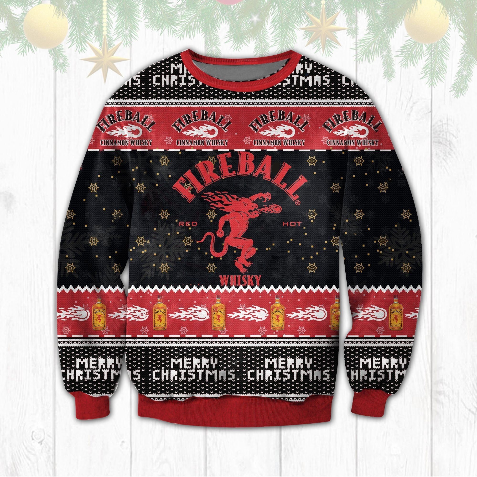 Fireball Cinnamon Whiskey Christmas Wool Ugly Knitted Ugly Christmas Sweater