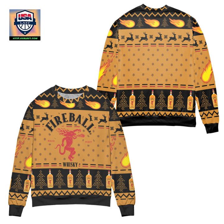 Fireball Red Hot Cinnamon Whiskey Pine Tree Pattern Ugly Christmas Sweater Orange