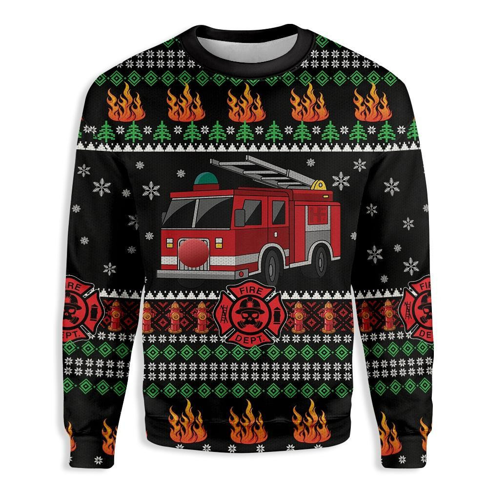 Firefighter Truck Merry Christmas Ugly Christmas Sweater, Perfect Holiday Gift