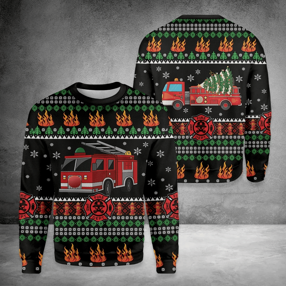 Firefighter Truck Ugly Christmas Sweater, Perfect Holiday Gift