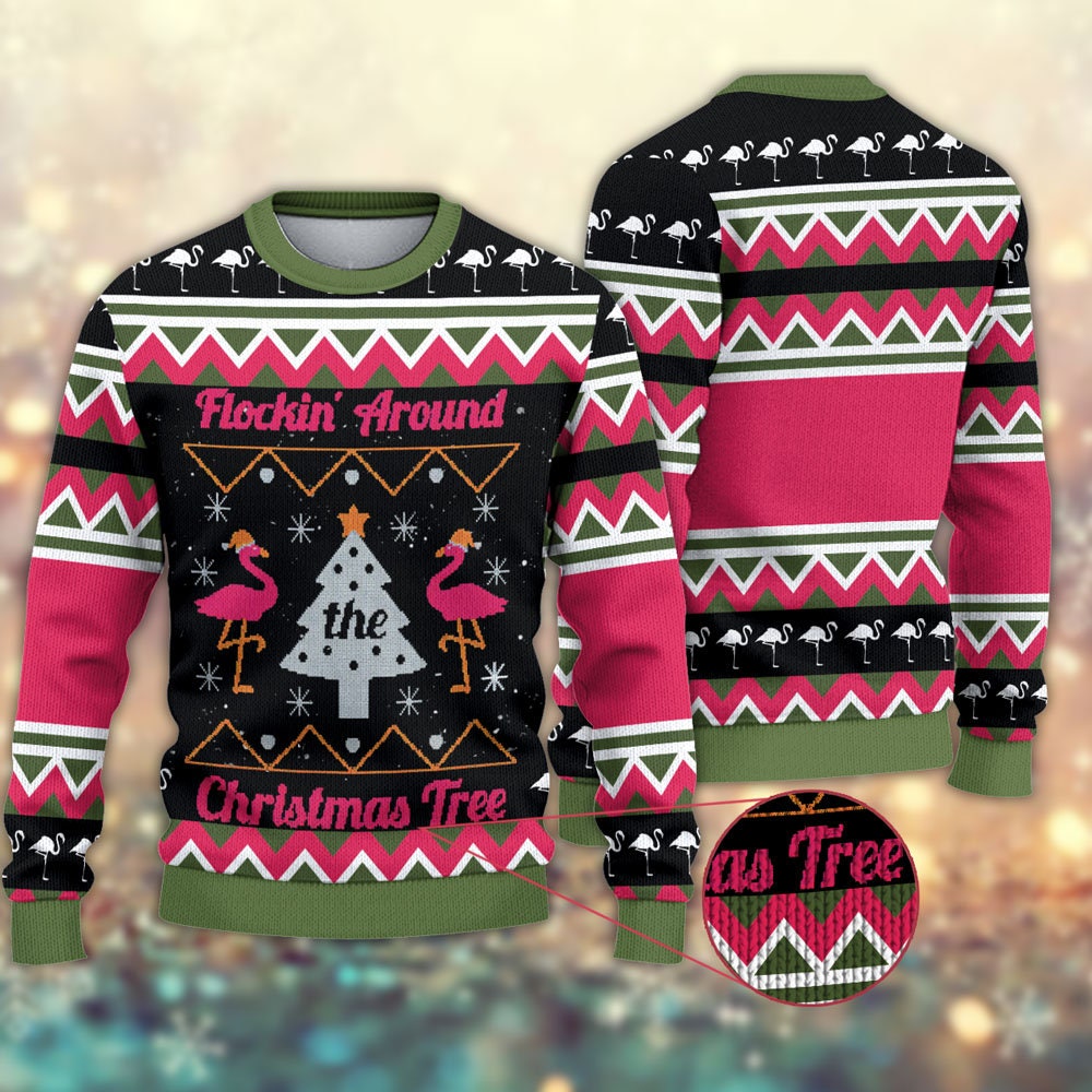 Flockin' Around The Christmas Tree Flamingo Ugly Christmas Sweater