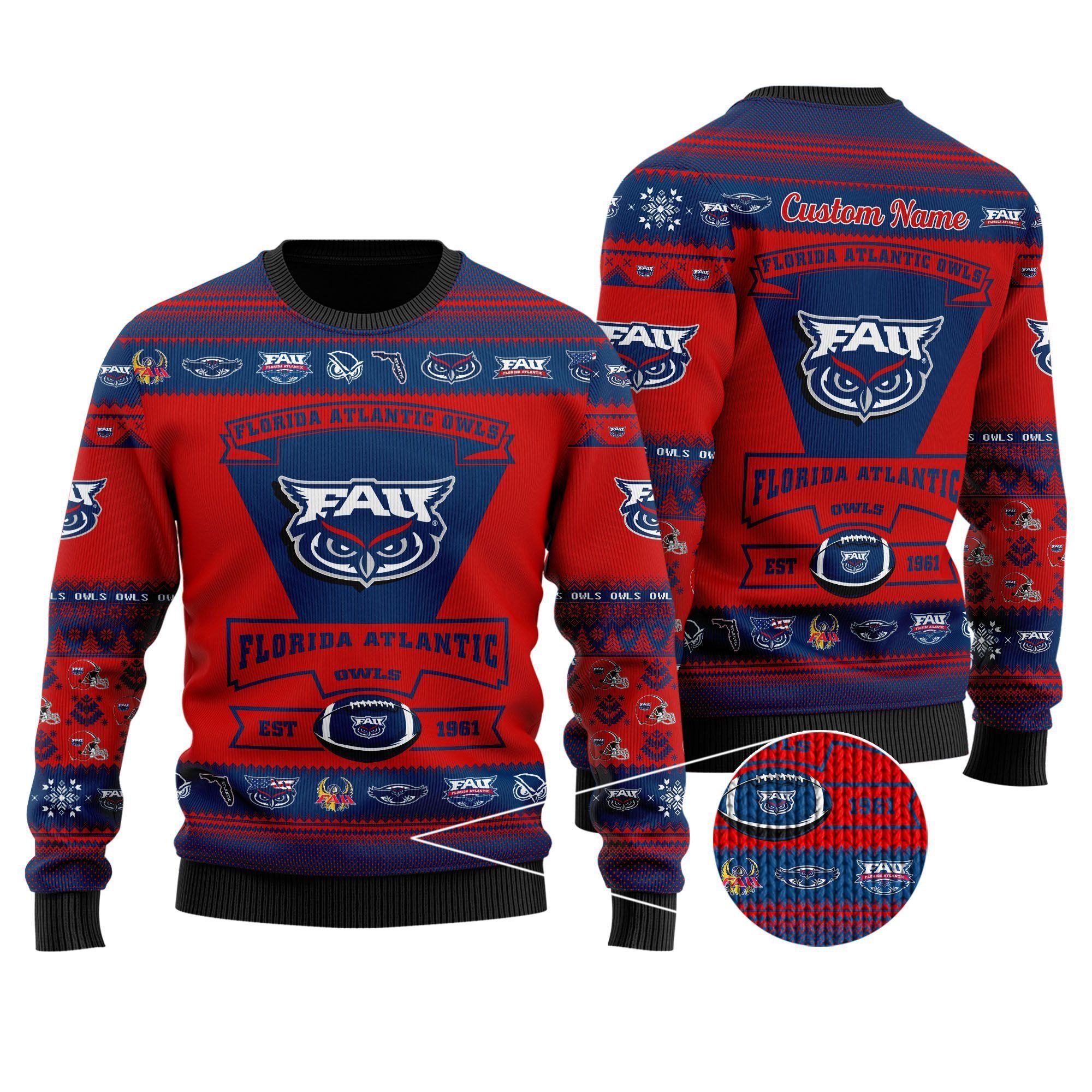 Florida Atlantic Owls Football Team Logo Custom Name Personalized Ugly Christmas Sweater Holiday Party Men Women Plus Size