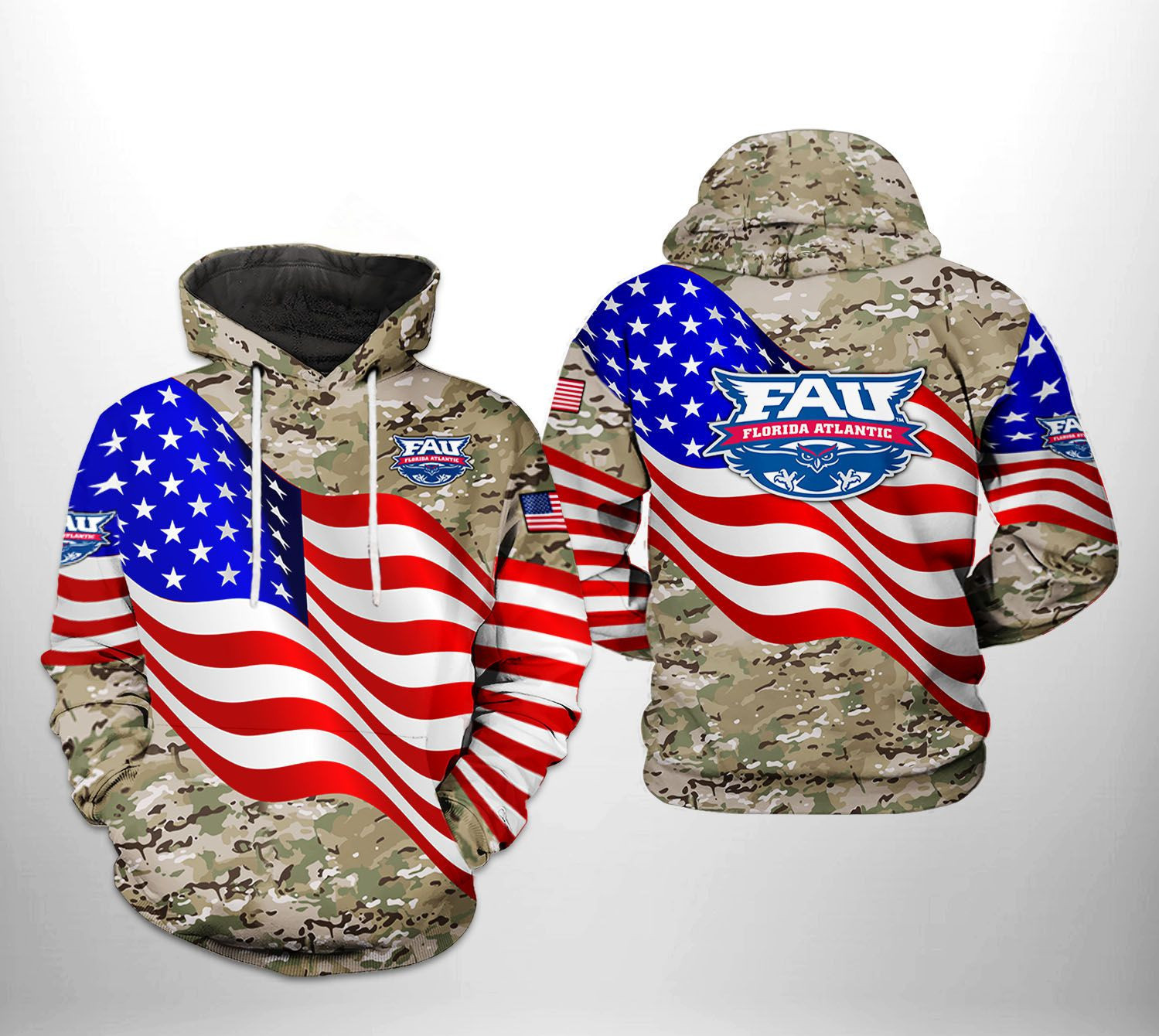 Florida Atlantic Owls NCAA US Flag Camo Veteran 3D All Over Print Hoodie & Zip Hoodie