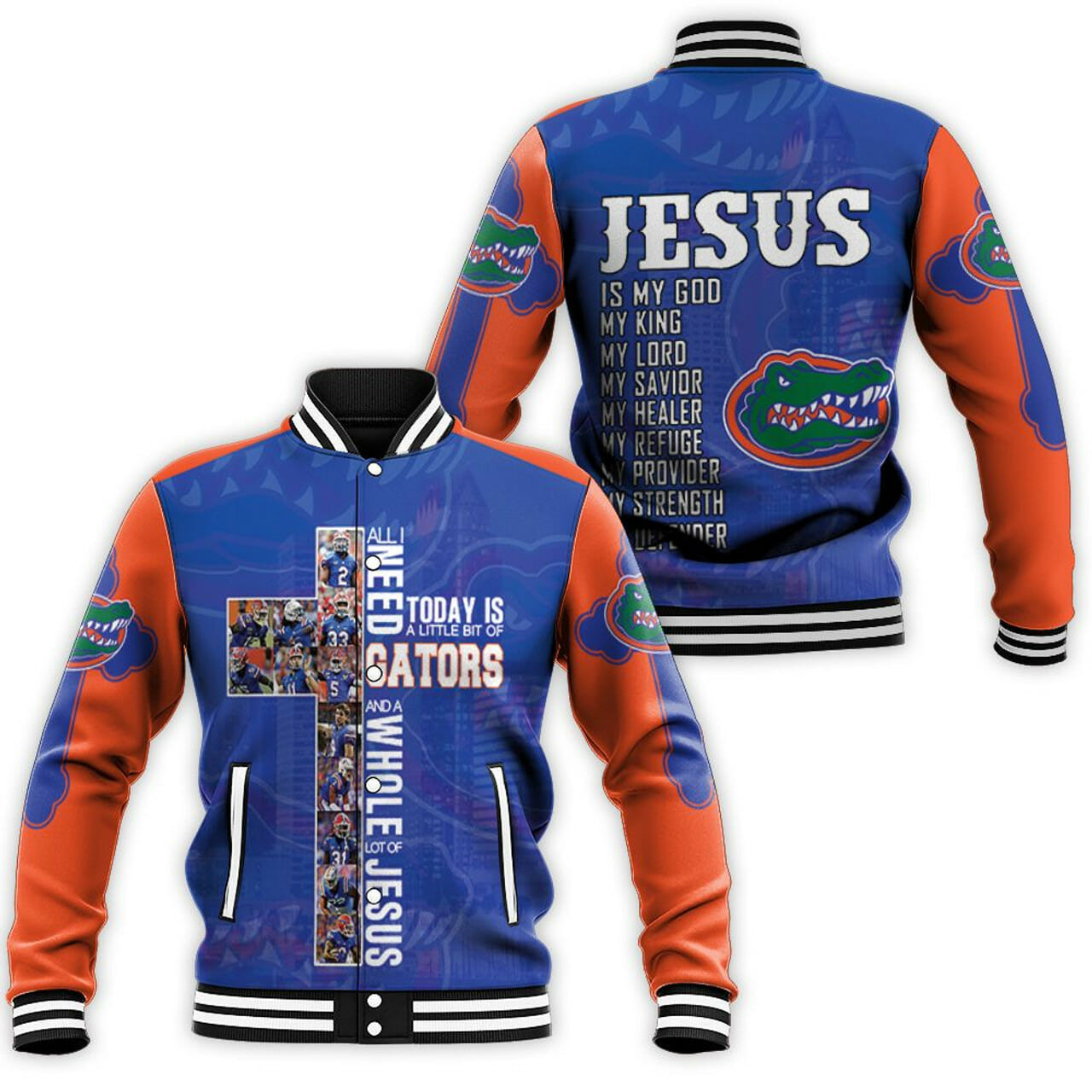 Florida Gators Jesus Blue Orange Varsity Baseball Jacket for Men & Women | NCAA Team Fan Gift
