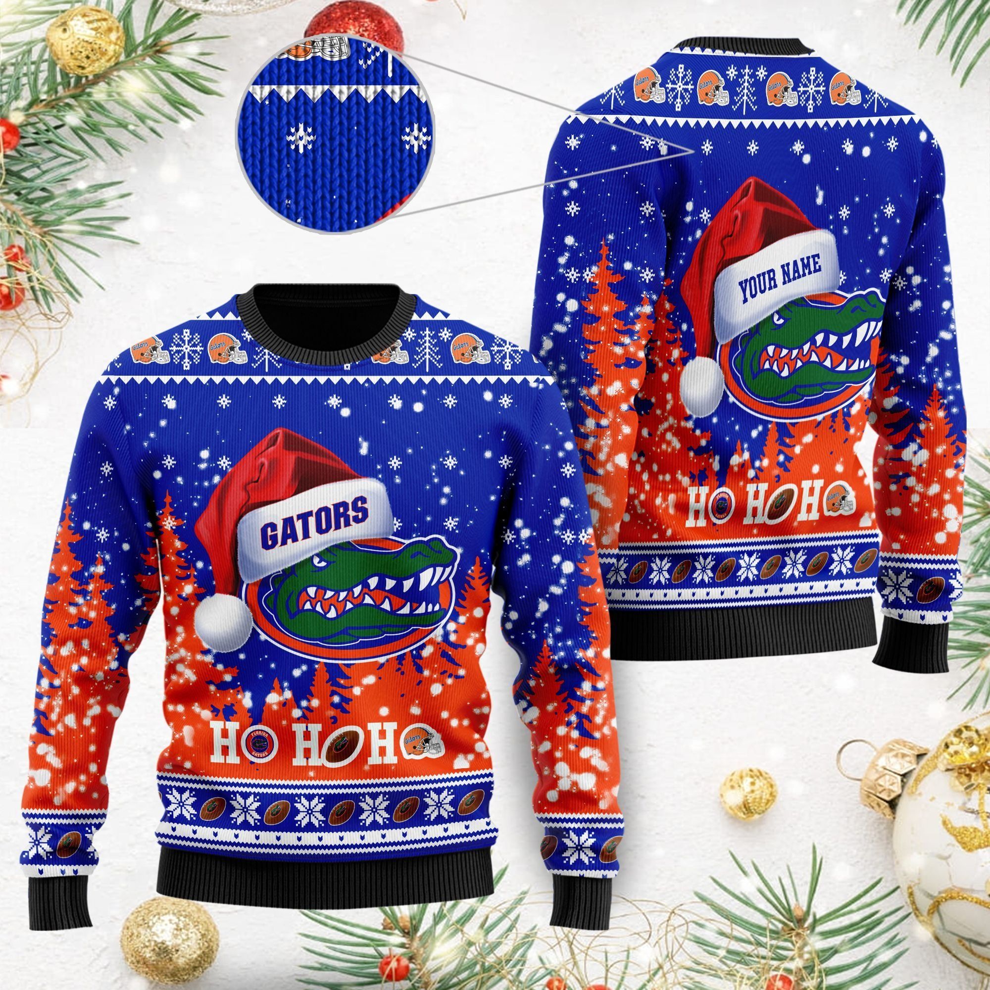Florida Gators NCAA Symbol Wearing Santa Claus Hat Cute Pattern Ho Ho Ho Custom Personalized Ugly Christmas Sweater For Football Fans On Xmas Party