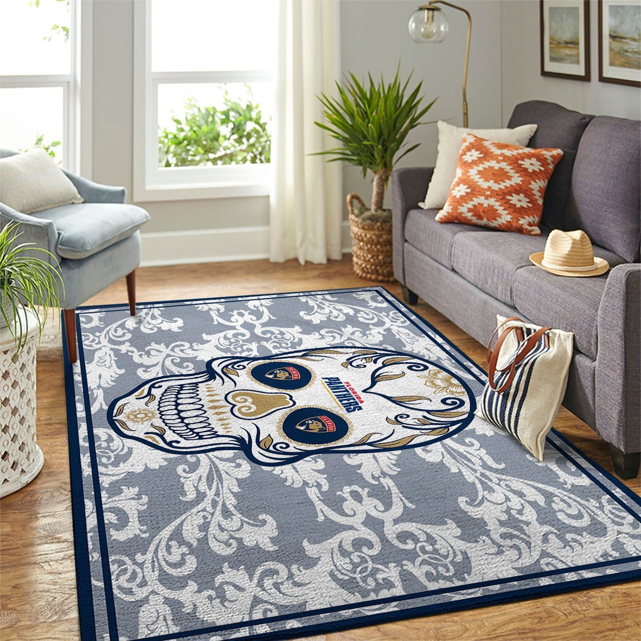 Florida Panthers Team Logo Skull Flower Rectangle Area Rug – Full Print Carpet For Living Room & Bedroom Home Decor