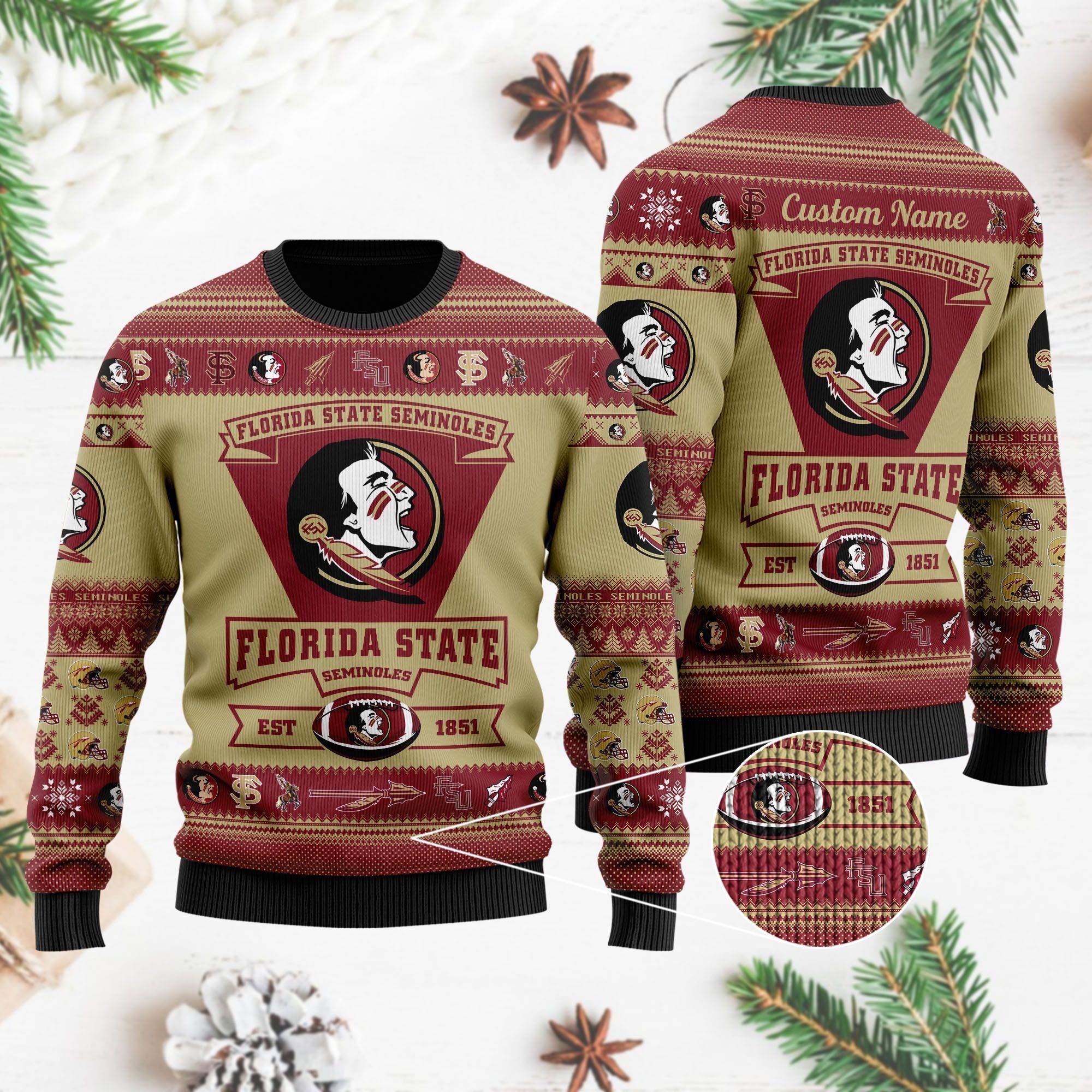 Florida State Seminoles Football Team Logo Custom Name Personalized Ugly Christmas Sweater Holiday Party Men Women Plus Size