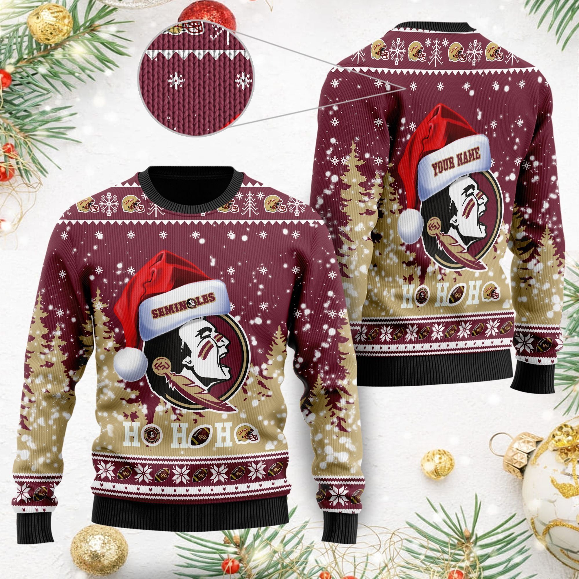 Florida State Seminoles NCAA Symbol Wearing Santa Claus Hat Cute Pattern Ho Ho Ho Custom Personalized Ugly Christmas Sweater For Football Fans On Xmas Party