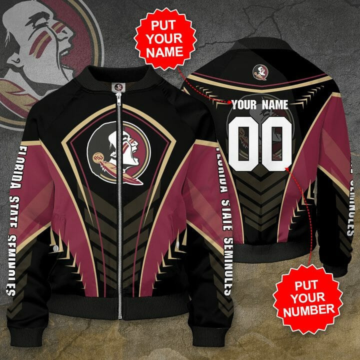 Florida State Seminoles Personalized Name Number Black Garnet Bomber Jacket | NCAA College Team Jacket for Men & Women | Sports Fan Gift