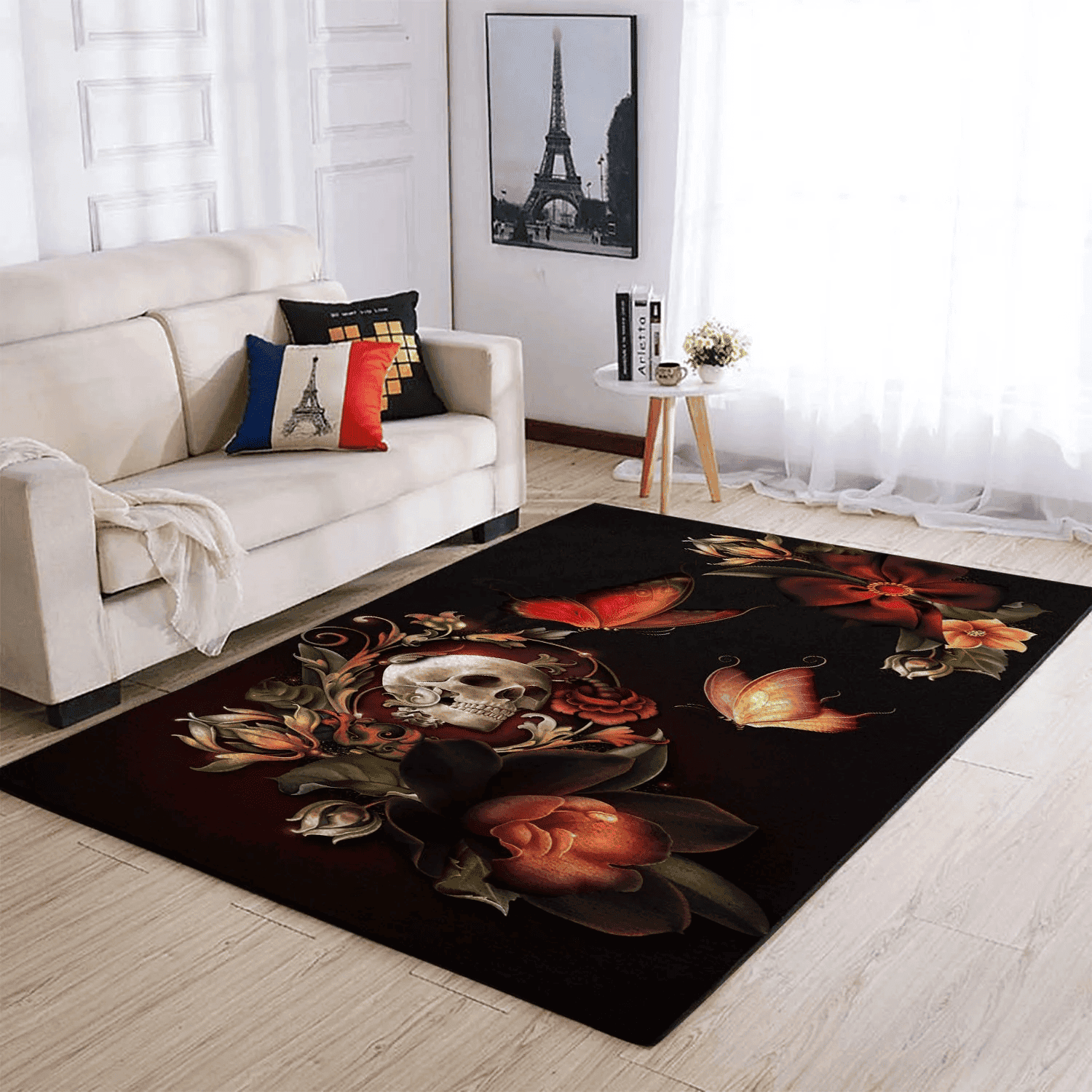 Flower And Skull Rectangle Area Rug – Full Print Carpet For Living Room & Bedroom Home Decor