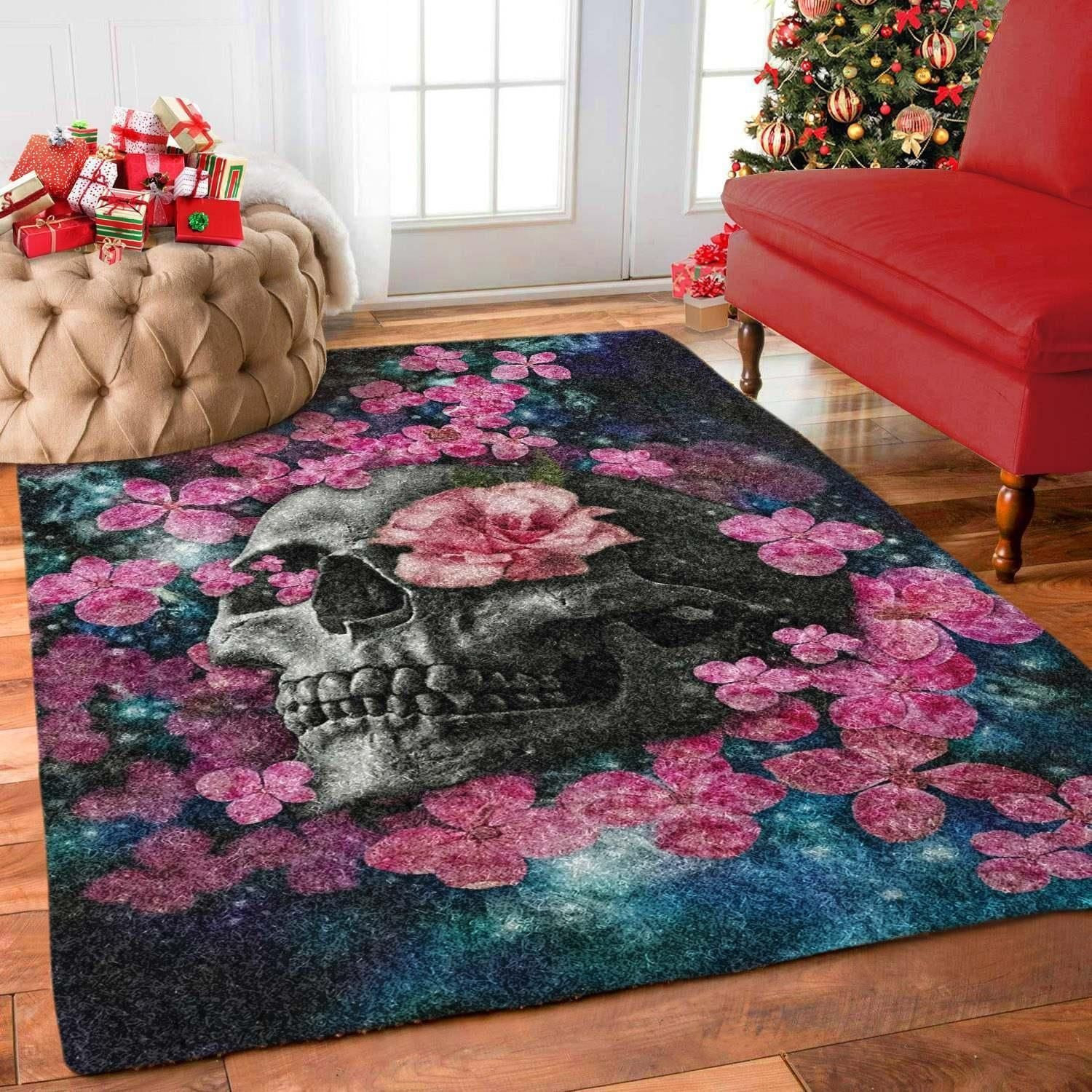 Flower Skull Tn2410053m 3D Rectangle Area Rug – Full Print Carpet For Living Room & Bedroom Home Decor