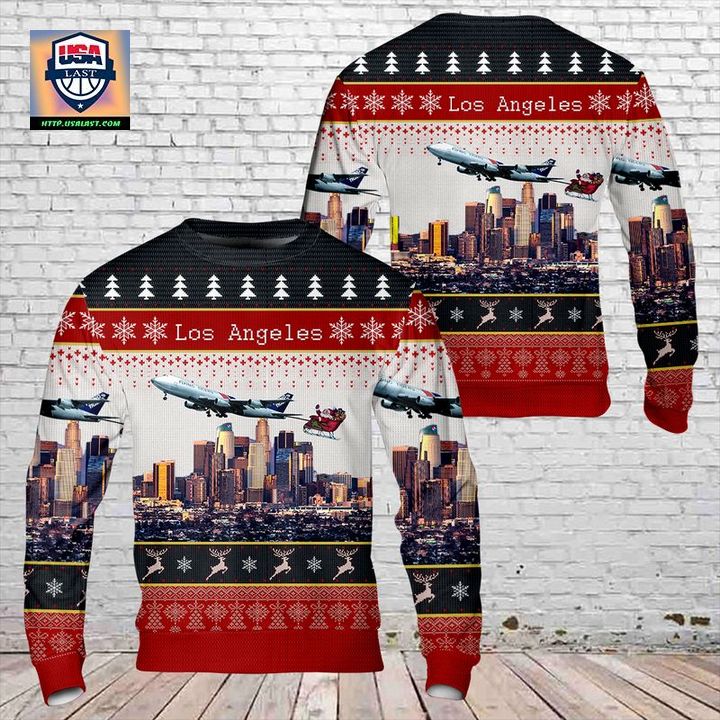 Flying Tiger Line Boeing 747-200 With Santa Over Los Angeles Christmas AOP Sweater