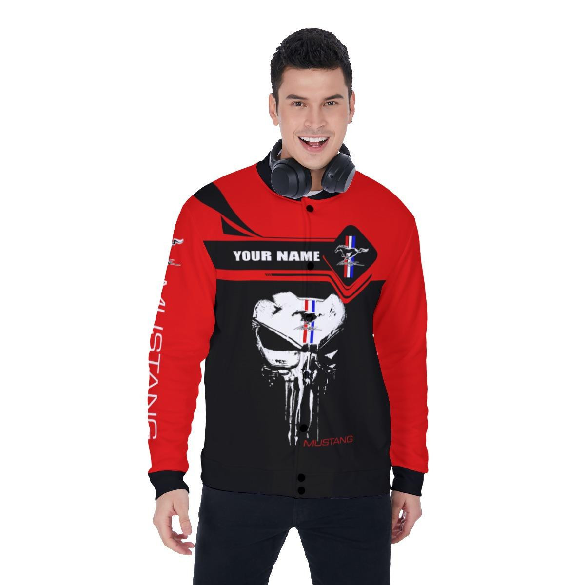 Ford Mustang Punisher Skull Personalized Name Baseball Jacket for Men & Women | Vehicle Brand Fan Gift