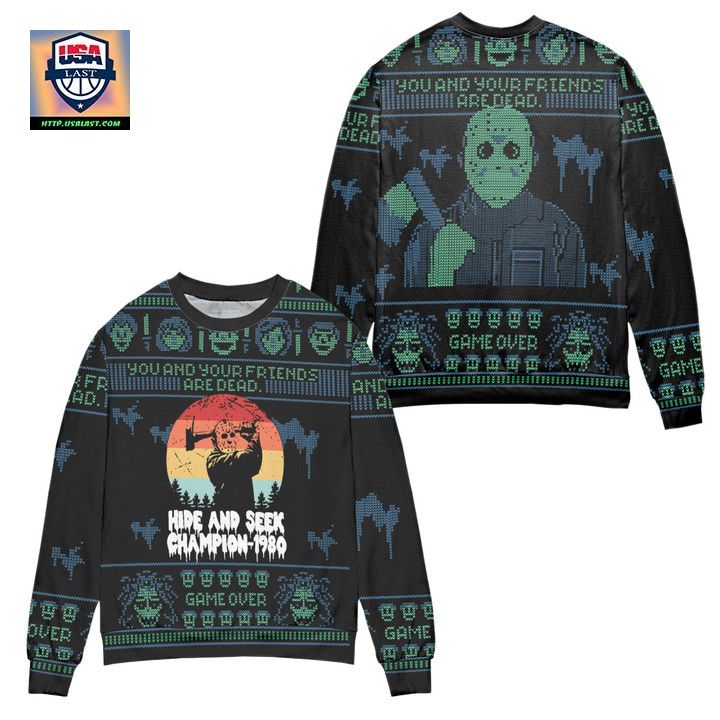 Friday The 13th Jason Voorhees Hide And Seek Champion 1980 Ugly Christmas Sweater Black