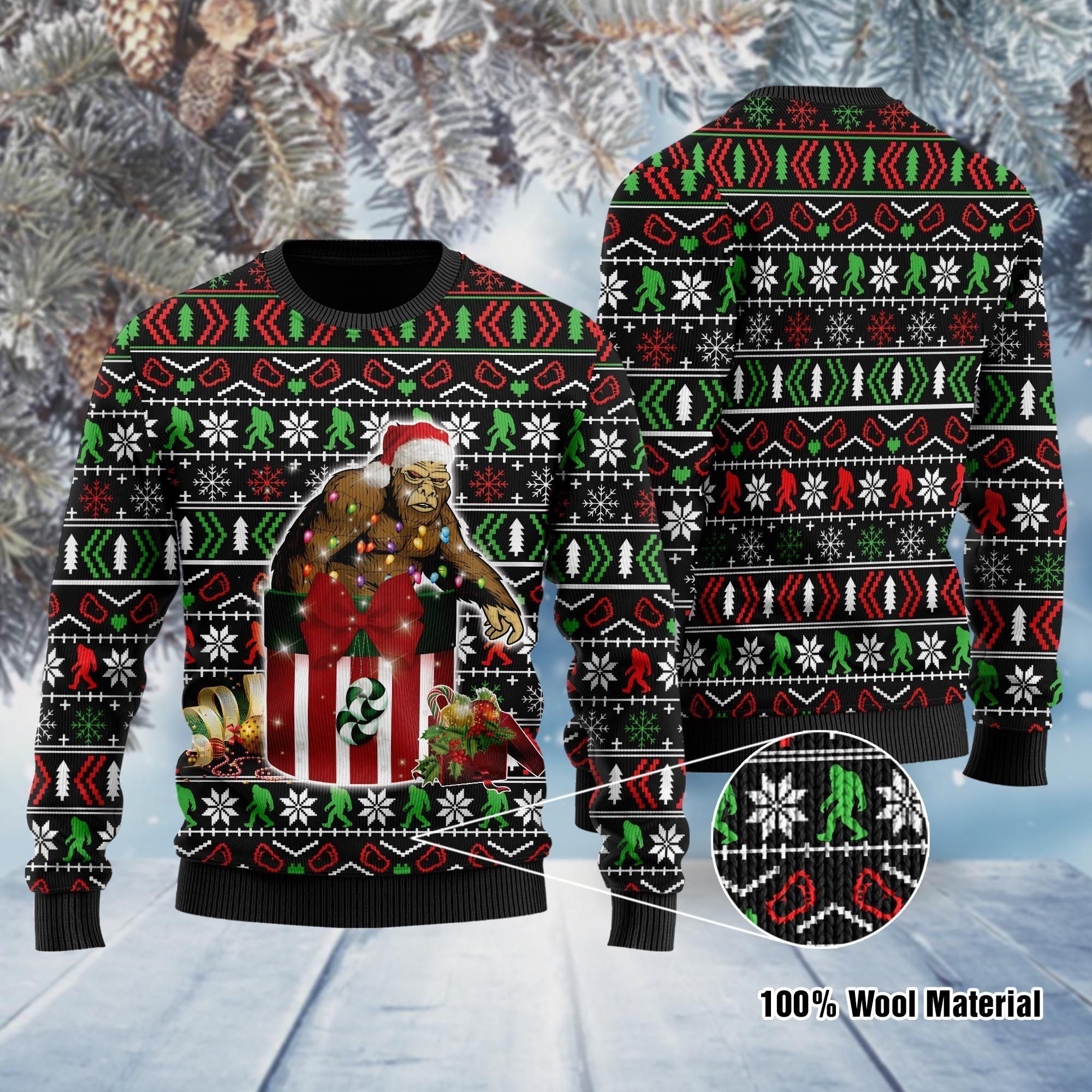 Funny Bigfoot In The Gift Box Ugly Christmas Sweater For Bigfoot Lovers On Christmas Days