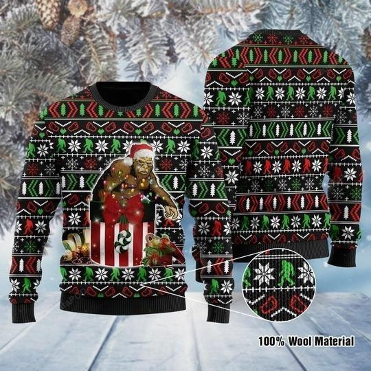 Funny Bigfoot In The Gift Box Ugly Christmas Sweater, Perfect Holiday Gift
