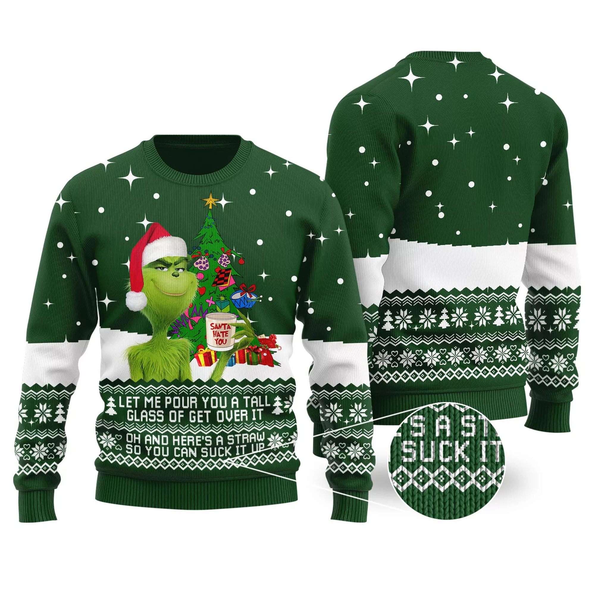 Funny Glass Of Get Over It Grinch Ugly Christmas Sweater