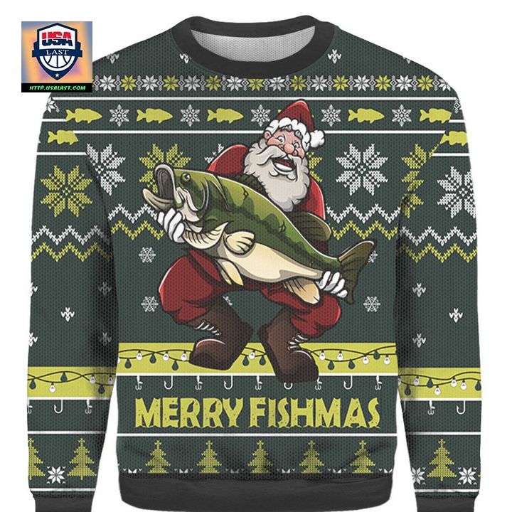 Funny Merry Fishmas Santa with Fish 3D Sweater