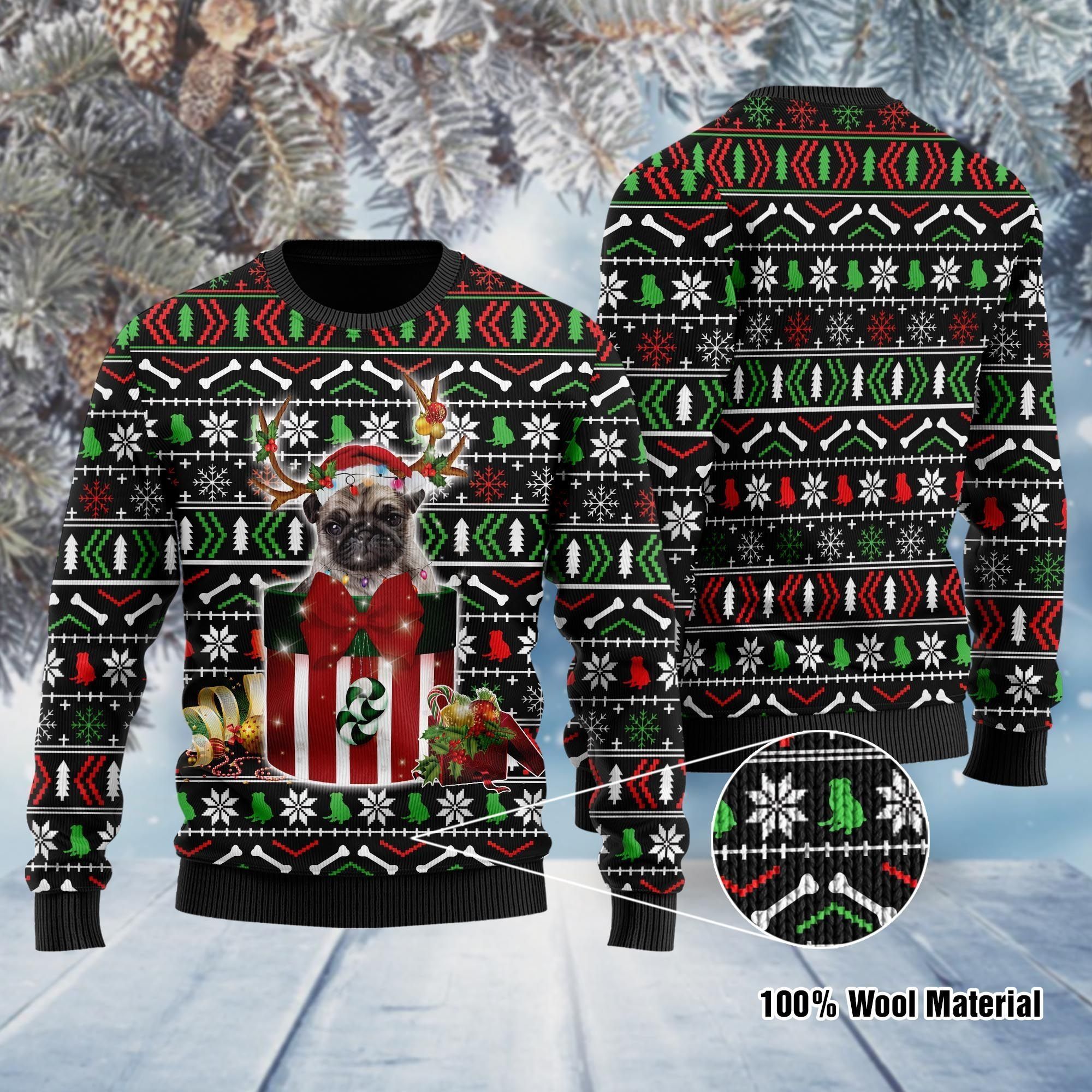 Funny Pug In The Gift Box Ugly Christmas Sweater For Pug Lovers On Christmas Days