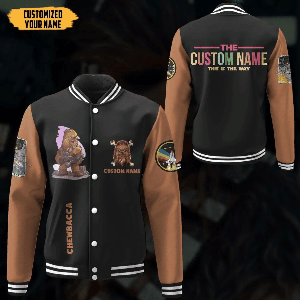 Gearhumans 3D Star Wars Chewbacca Personalized Name Baseball Jacket for Men & Women | Sci-Fi Fan Gift