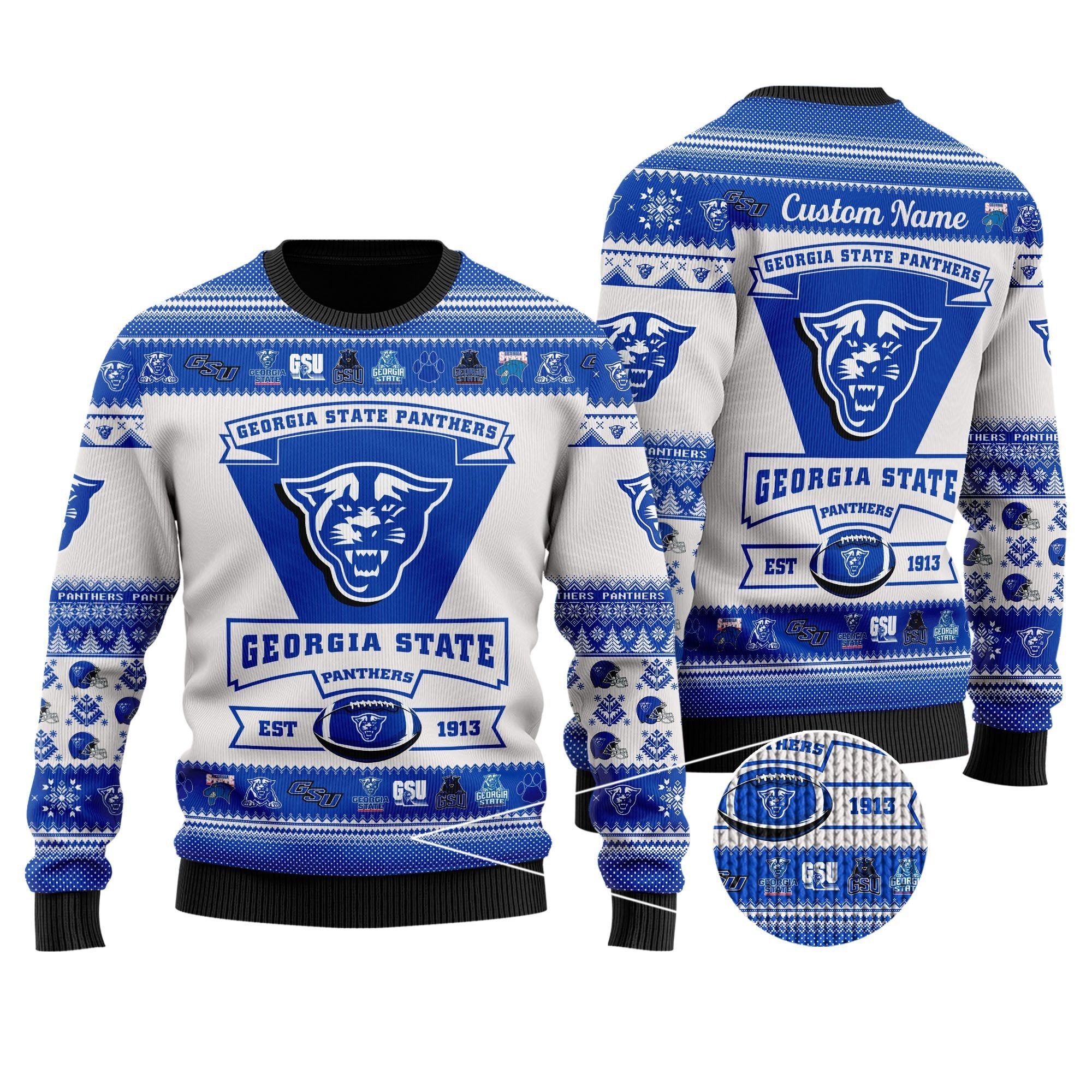 Georgia State Panthers Football Team Logo Custom Name Personalized Ugly Christmas Sweater Holiday Party Men Women Plus Size
