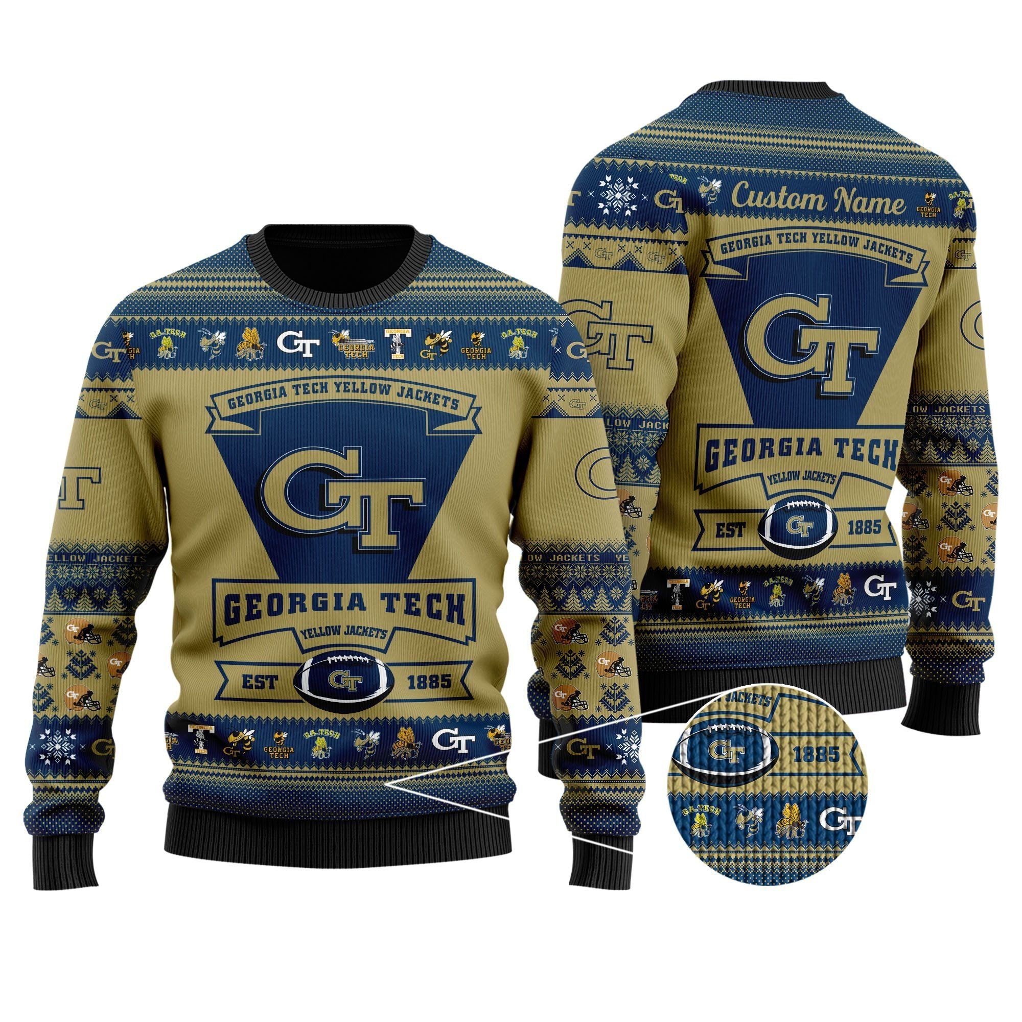 Georgia Tech Yellow Jackets Football Team Logo Custom Name Personalized Ugly Christmas Sweater Holiday Party Men Women Plus Size