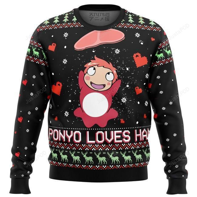 Ghibli Ponyo Loves Ham Ugly Christmas Sweater, Perfect Holiday Gift