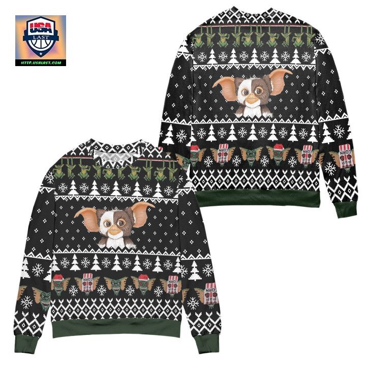 Gizmo The Gremlins Pine Tree Snowflake Ugly Christmas Sweater Black
