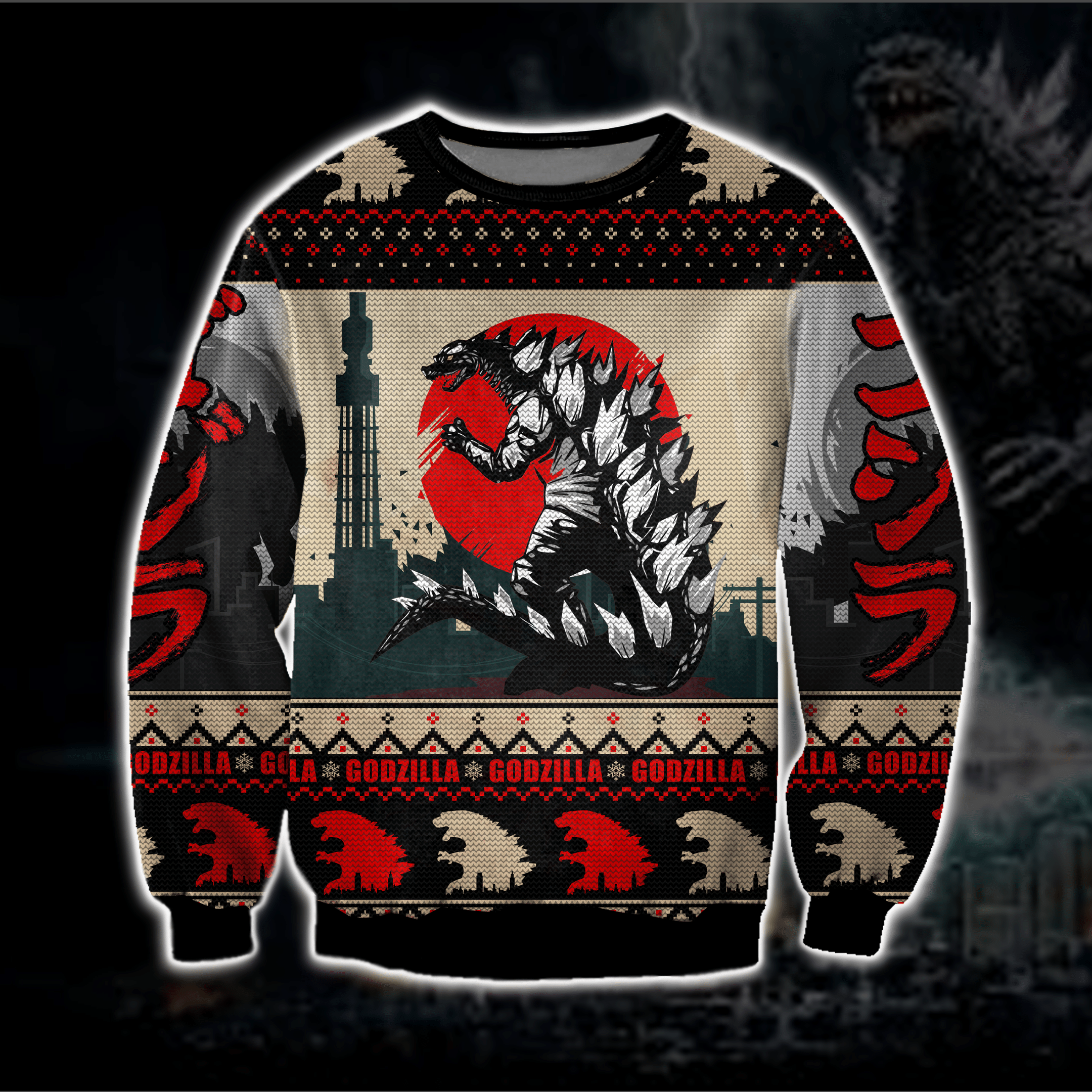 Godzilla Knitting Pattern 3D Print Ugly Christmas Sweater