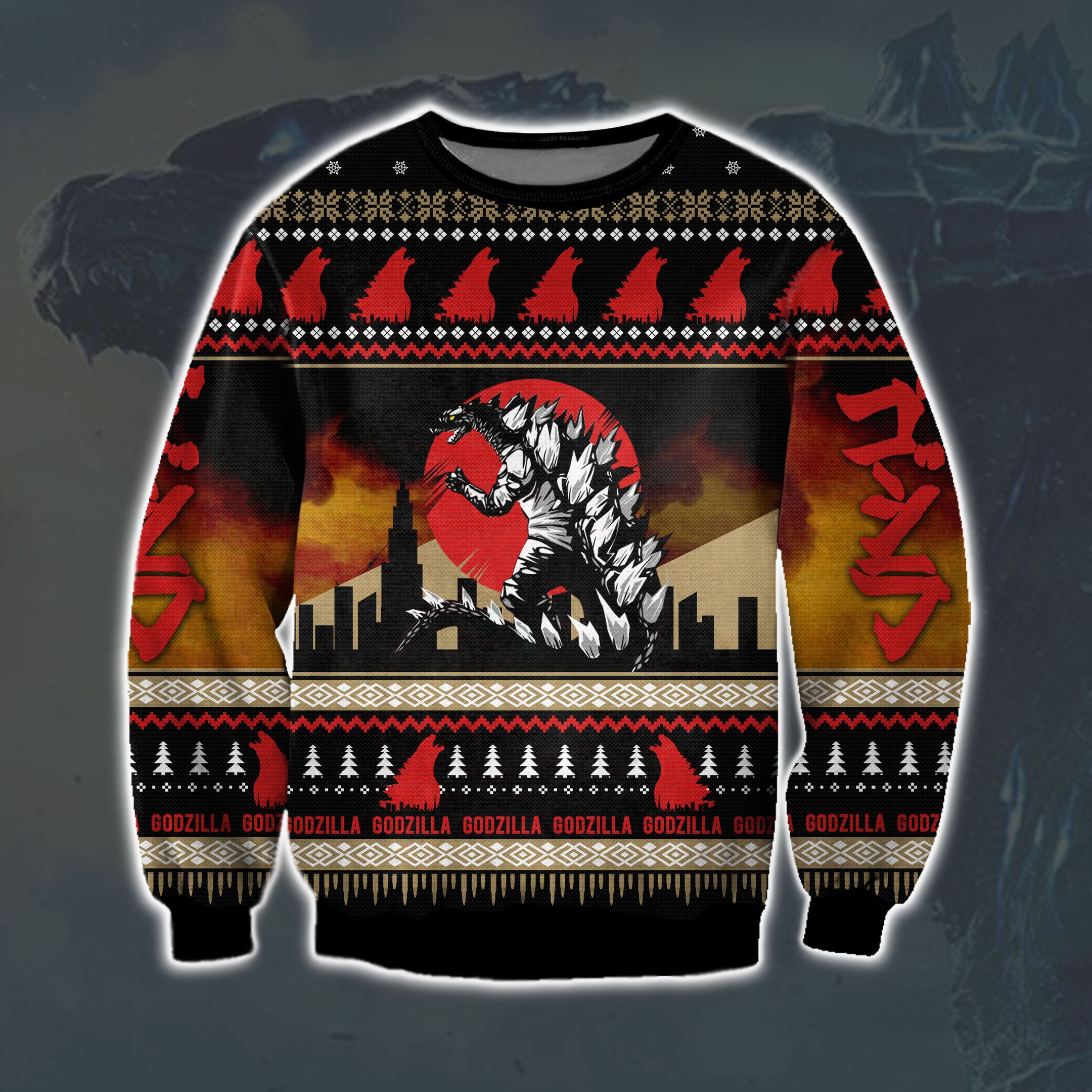 Godzilla Knitting Pattern 3D Print Ugly Christmas Sweater