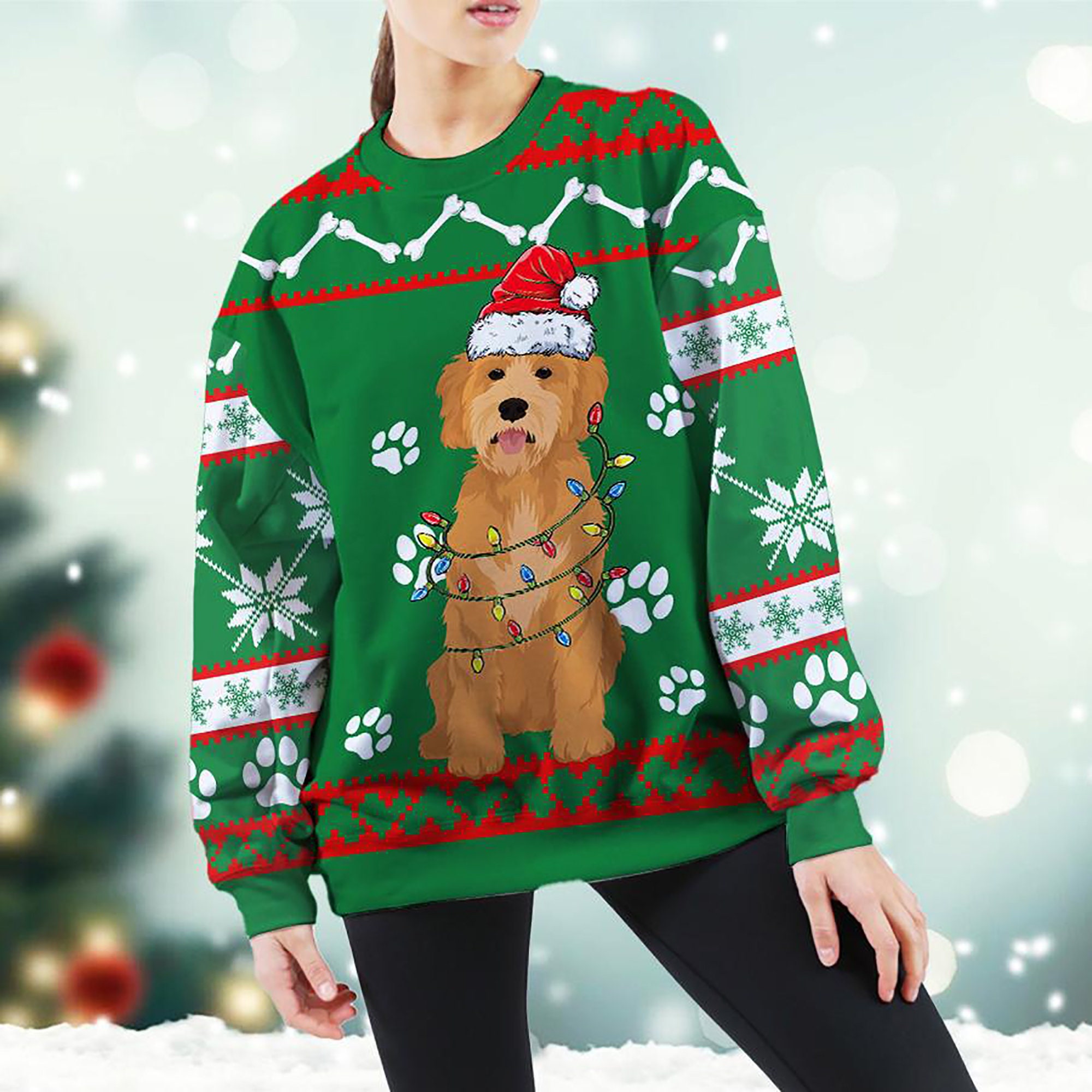 Golden Doodle Green Ugly Christmas Sweater