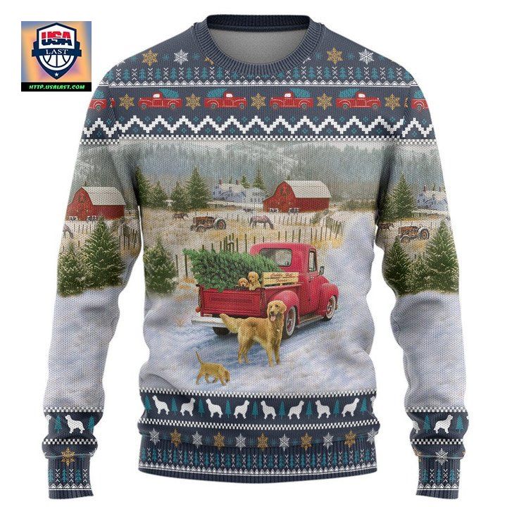 Golden Retriever Red Truck Christmas Pine Christmas Sweater