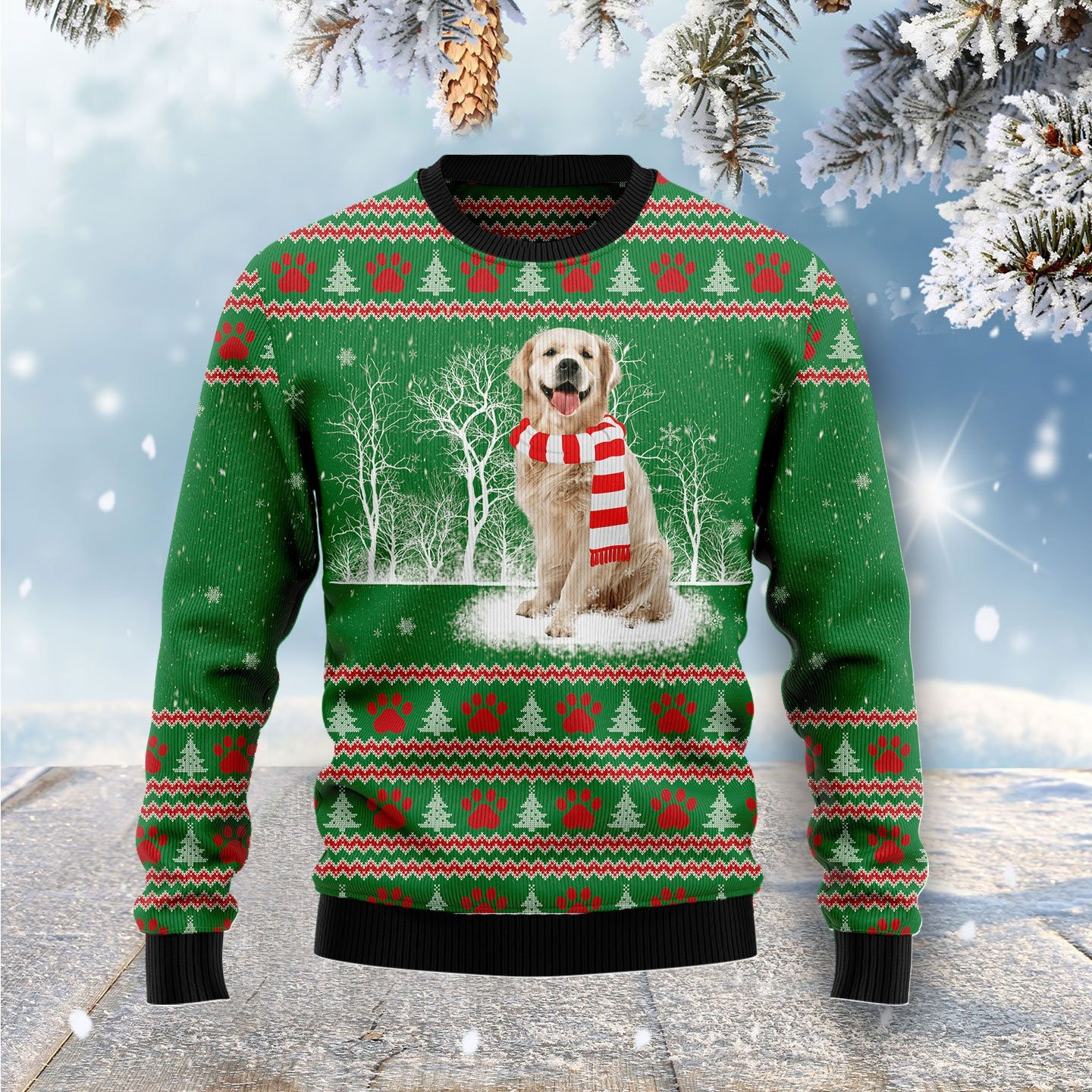 Golden Retriever Winter Tree Ugly Christmas Sweater, Perfect Holiday Gift