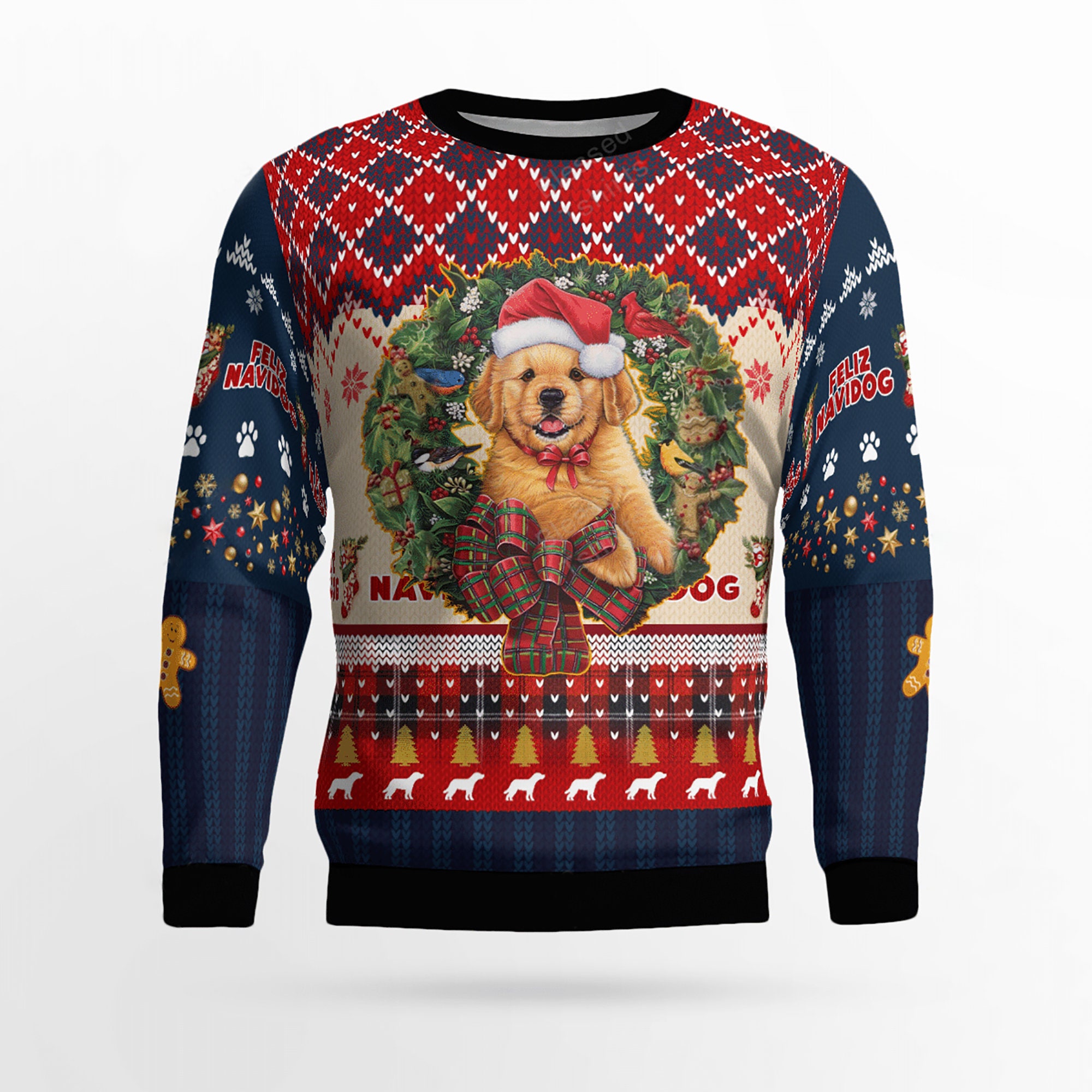 Golden Retriever With Christmas Wreath Ugly Christmas Sweater