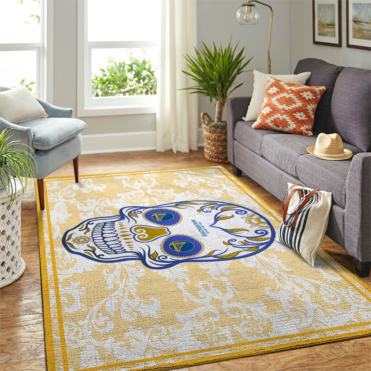 Golden State Warriors Team Logo Skull Flower Rectangle Area Rug – Full Print Carpet For Living Room & Bedroom Home Decor