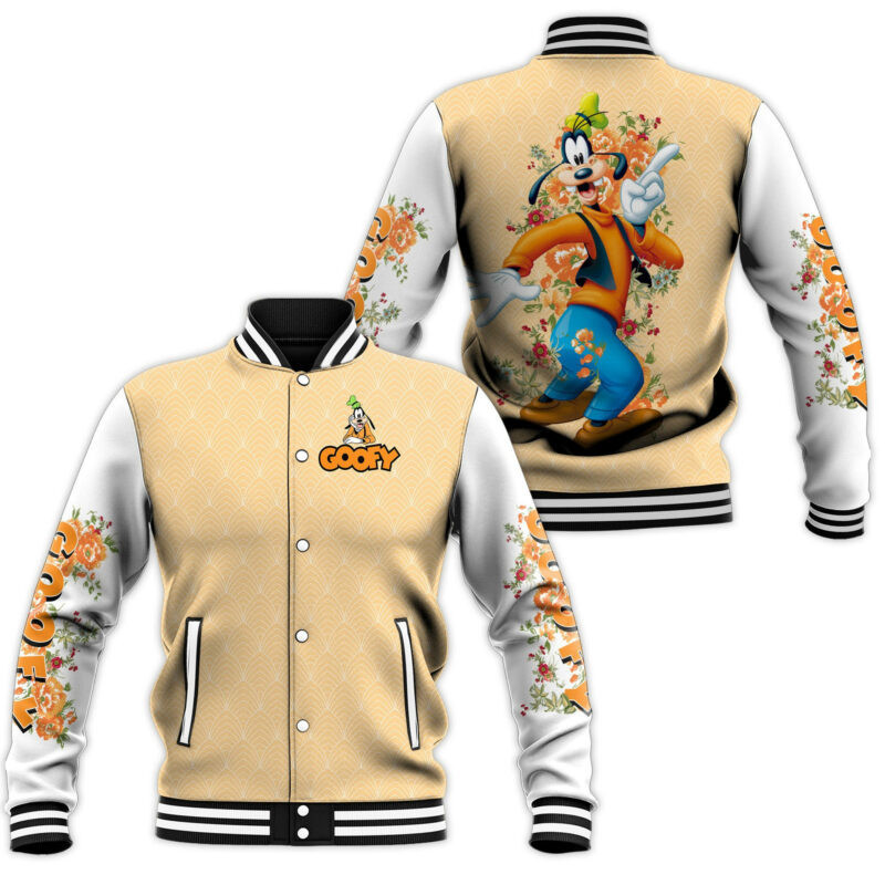 Goofy With Flower Fashion Baseball Jacket for Men & Women | Cartoon Fan Gift