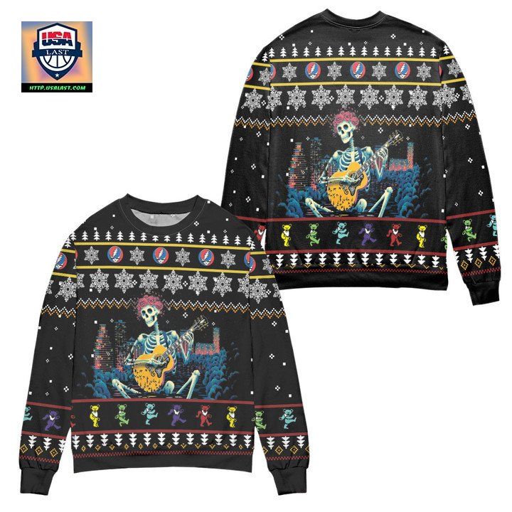 Grateful Dead Skeleton Playing Guitar Ugly Christmas Sweater Black